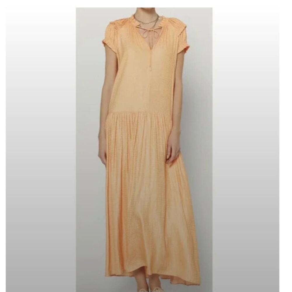 Current Air Anthropologie tonal dot short Sleeve pleated Orange Maxi Dress L
